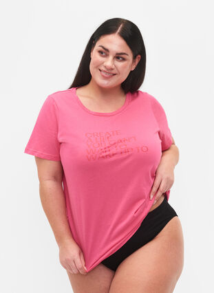 Puuvillainen t-paita painatuksella ja lyhyillä hihoilla, Hot Pink Create, Model image number 0