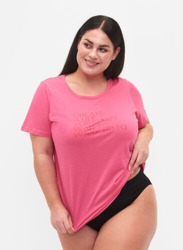 Puuvillainen t-paita painatuksella ja lyhyillä hihoilla, Hot Pink Create, Model image number 0