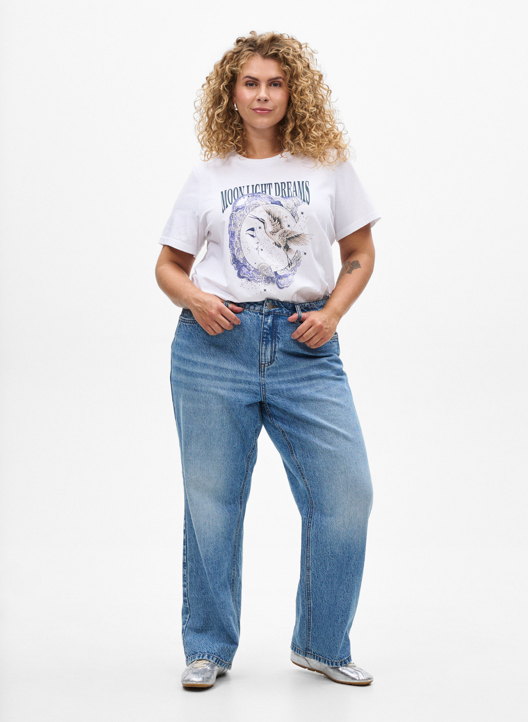 Zizzi Puuvilla T-paita etupainatuksella, Valkoinen, Model image number 1