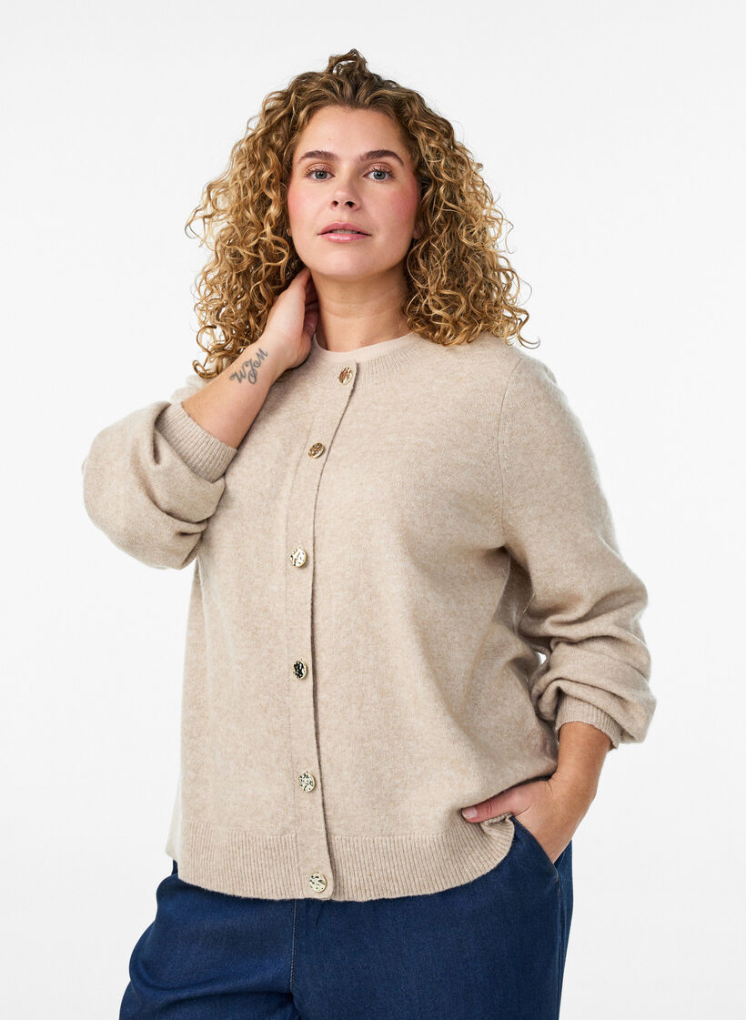 Neuletakki pehme&auml;st&auml; neuleesta kullanv&auml;risill&auml; napeilla, Beige, Model image number 0