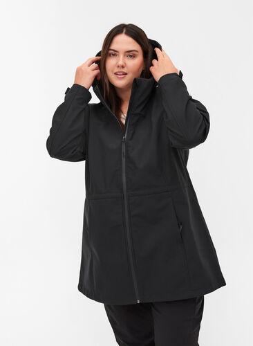Softshell takki hupulla ja säädettävällä vyötäröllä, Black, Model image number 0