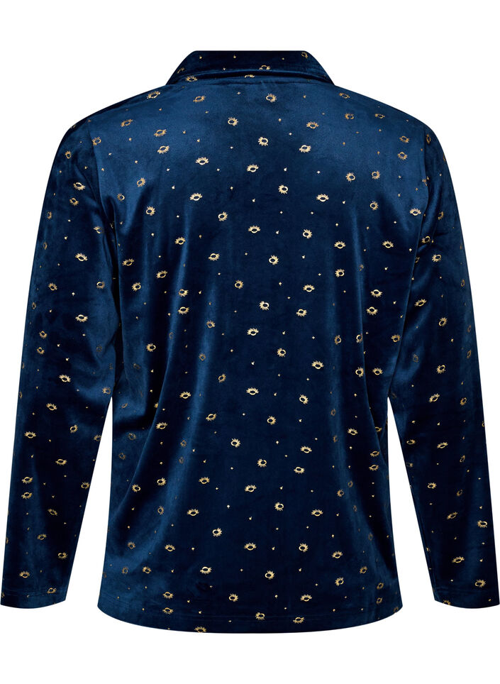 Veluurinen pyjamapaita kauttaaltaan printill&auml;, Sininen, Packshot image number 1
