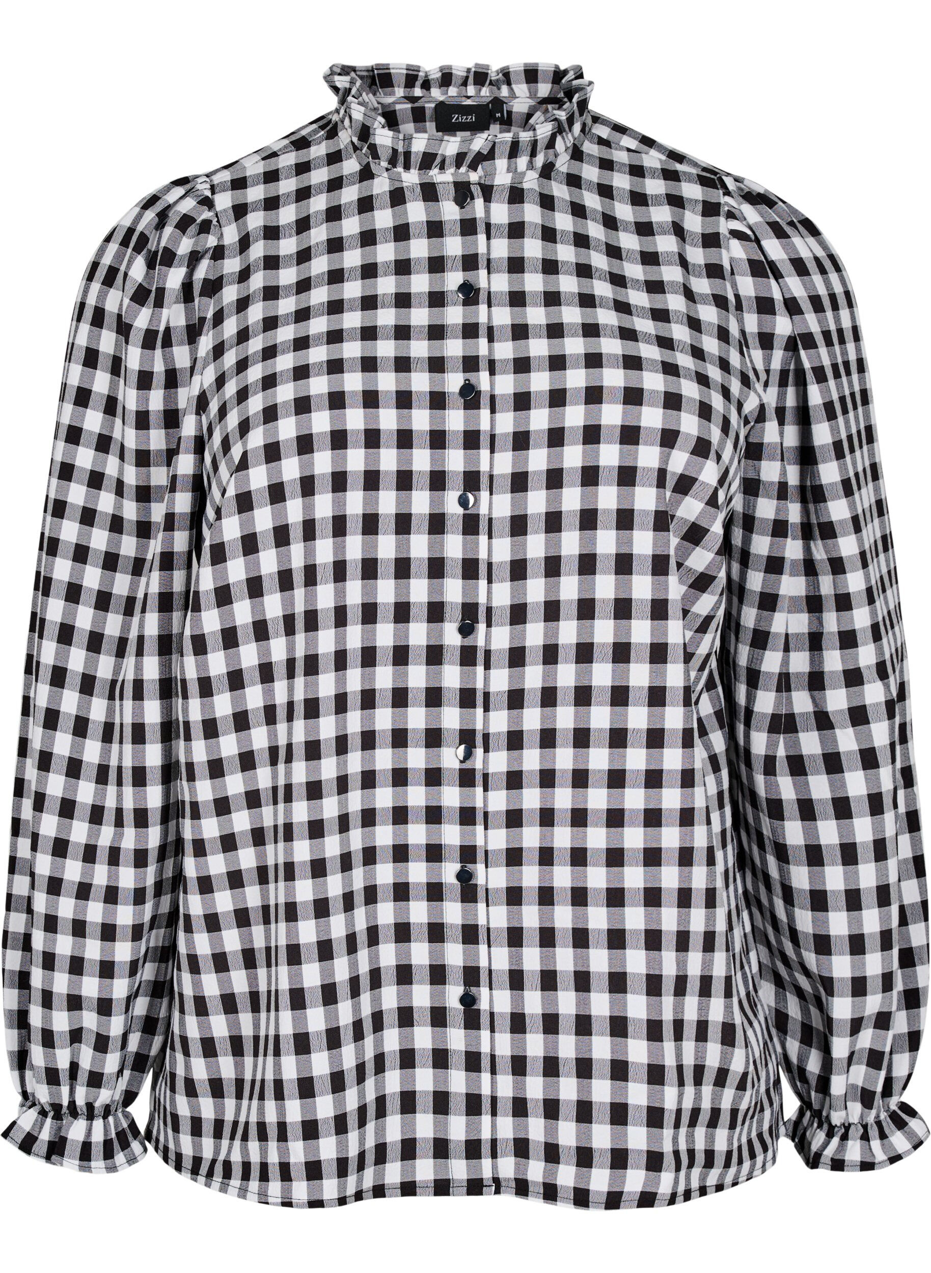 Zizzi Ruudullinen paitapusero r&ouml;yhel&ouml;yksityiskohdilla, Black/W. Gingham, Packshot image number 0
