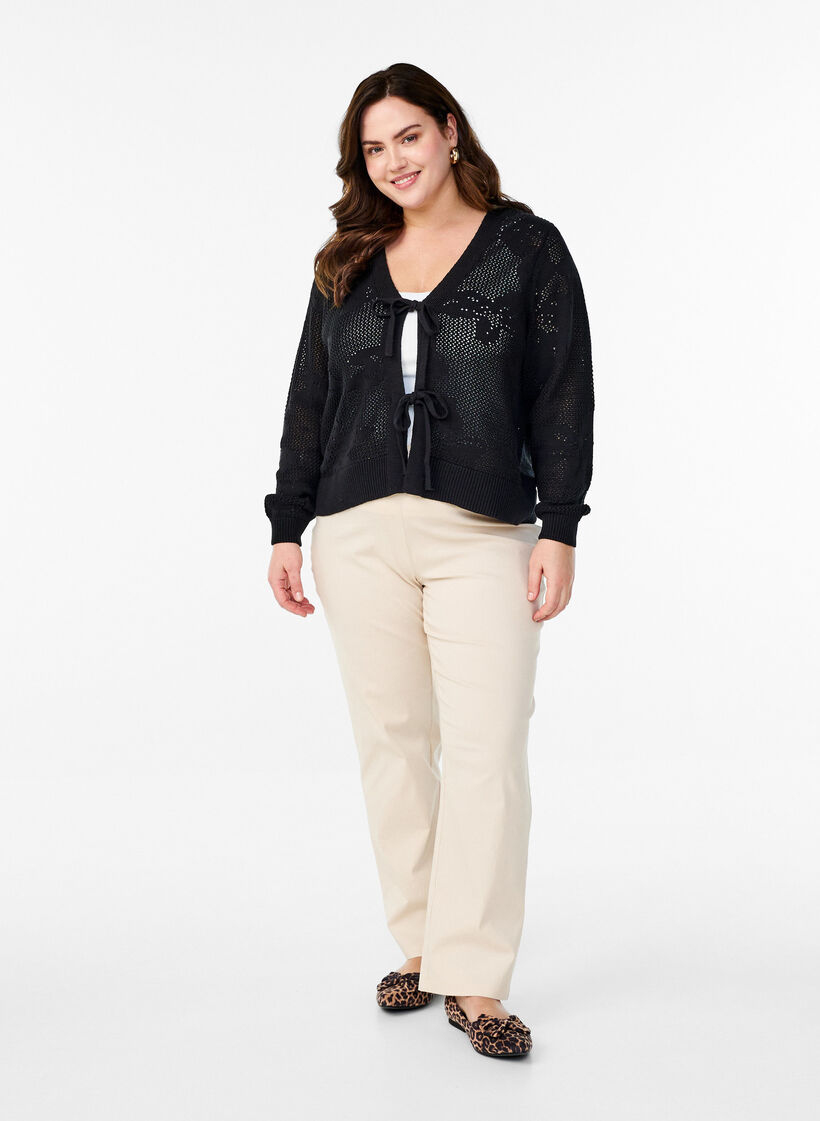 Avoin neulekuvioitu neuletakki nauhoilla, Black, Model image number 2