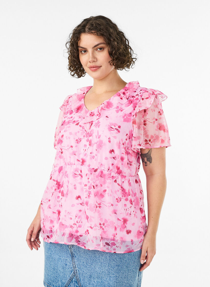 Kukkakuvioinen pusero r&ouml;yhel&ouml;kauluksella ja peplum-efektill&auml;, Vaaleanpunainen, Model image number 0