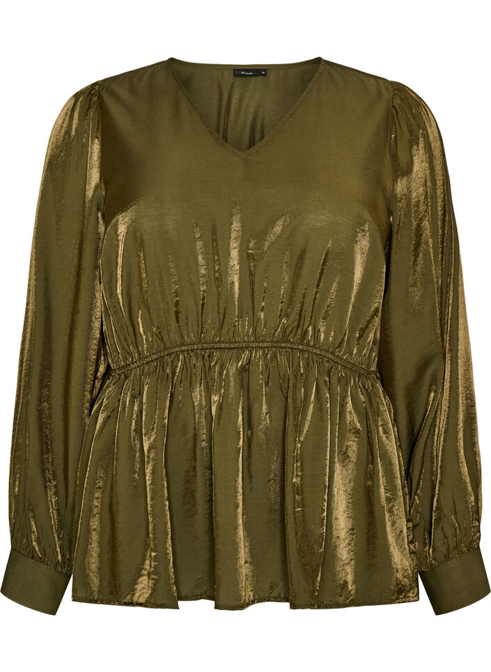 Kiilt&auml;v&auml; viskoosipusero peplum-efektill&auml;, Vihre&auml;, Packshot image number 0