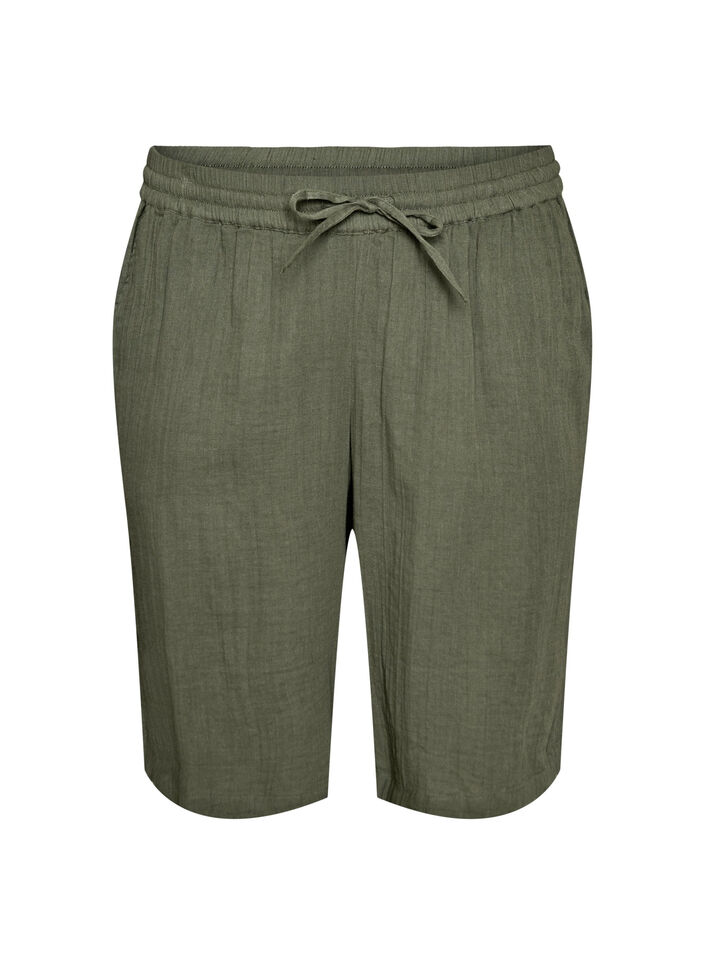 V&auml;lj&auml;sti istuvat puuvillamusliinishortsit korkealla vy&ouml;t&auml;r&ouml;ll&auml;, Vihre&auml;, Packshot image number 0