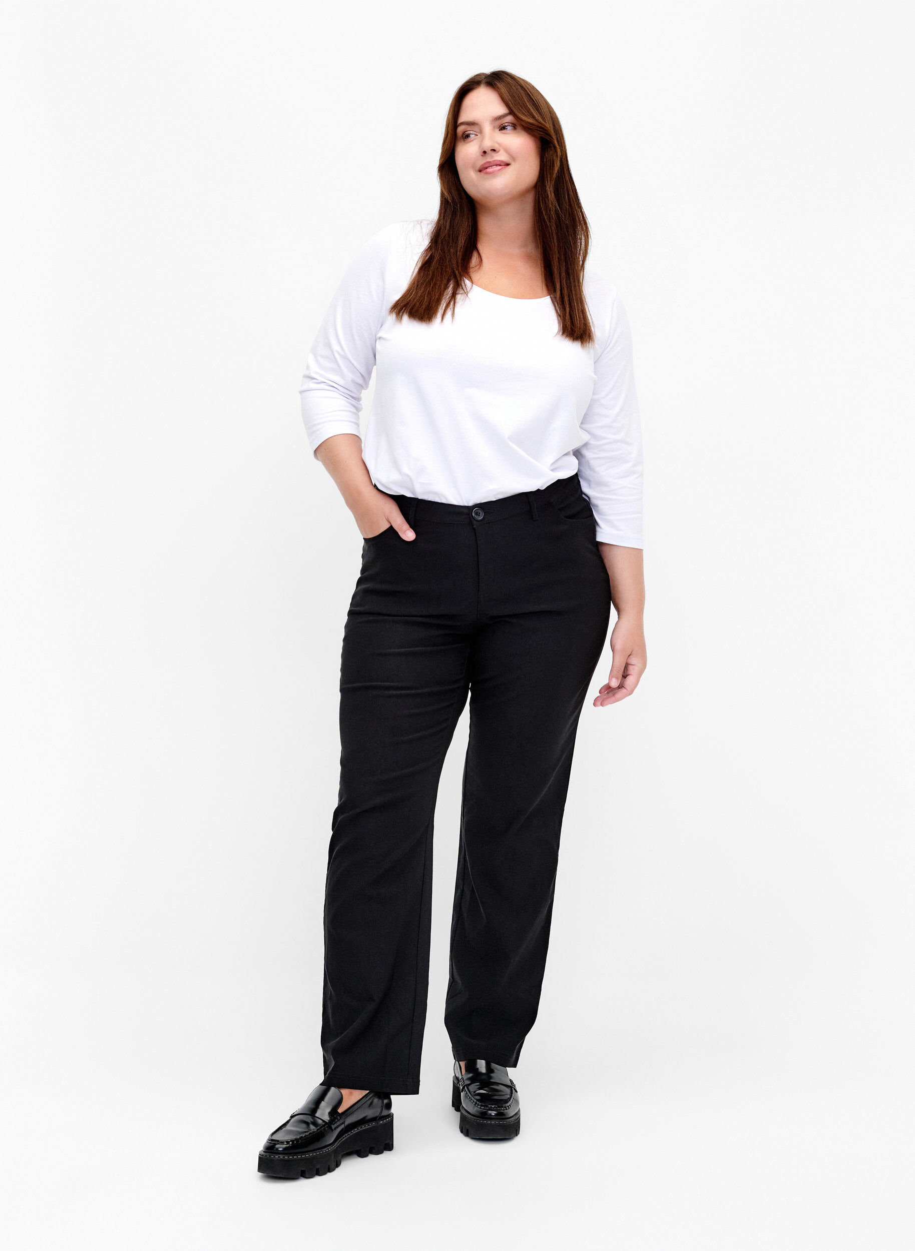 Zizzi Puuvillainen perus t-paita 3/4-hihoilla, Valkoinen, Model image number 1