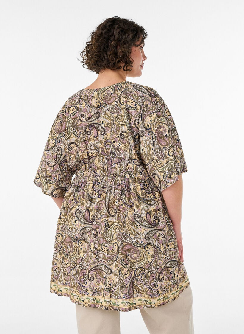 Viskoositunika paisley-kuviolla ja solmittavilla nauhoilla, Keltainen, Model image number 2