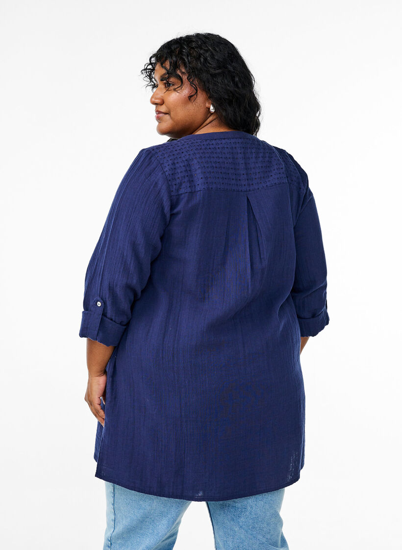 Puuvillamusliinitunika brodeeratulla pitsill&auml;, Sininen, Model image number 2