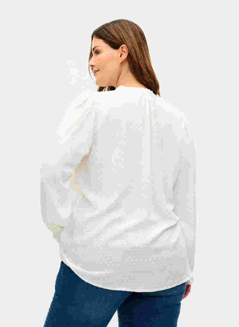 Pitkähihainen pusero smokkirypytyksellä ja röyhelöllä, Bright White, Model image number 1