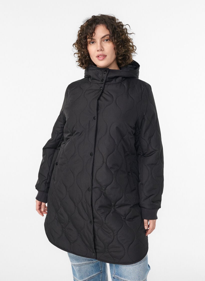 Keskipitk&auml; tikattu takki hupulla, Musta, Model image number 0
