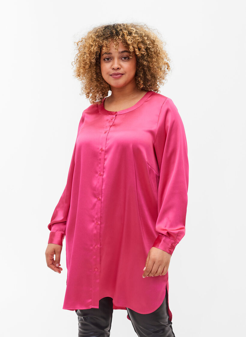 Pitkä kiiltävä mekko halkioilla, Pink Flambé, Model