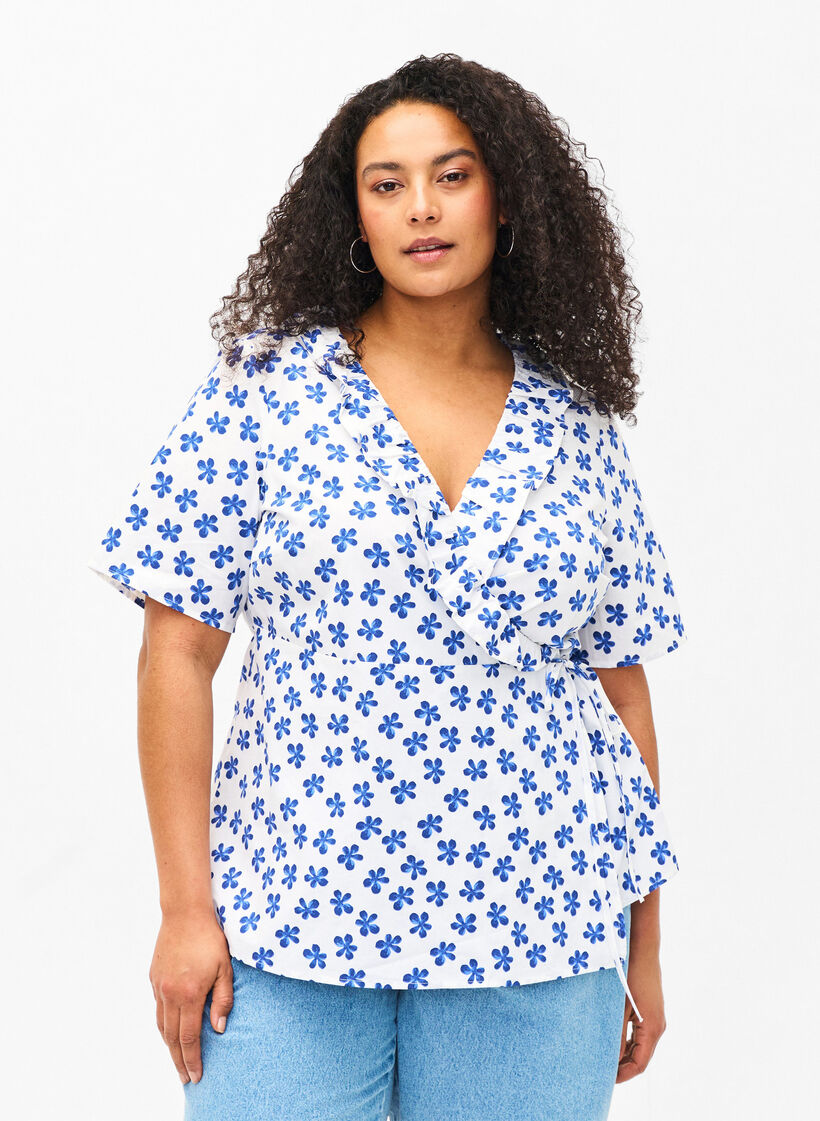 Kukkakuvioitu kietaisupusero puuvillaa, B.White/Small Flower, Model image number 0