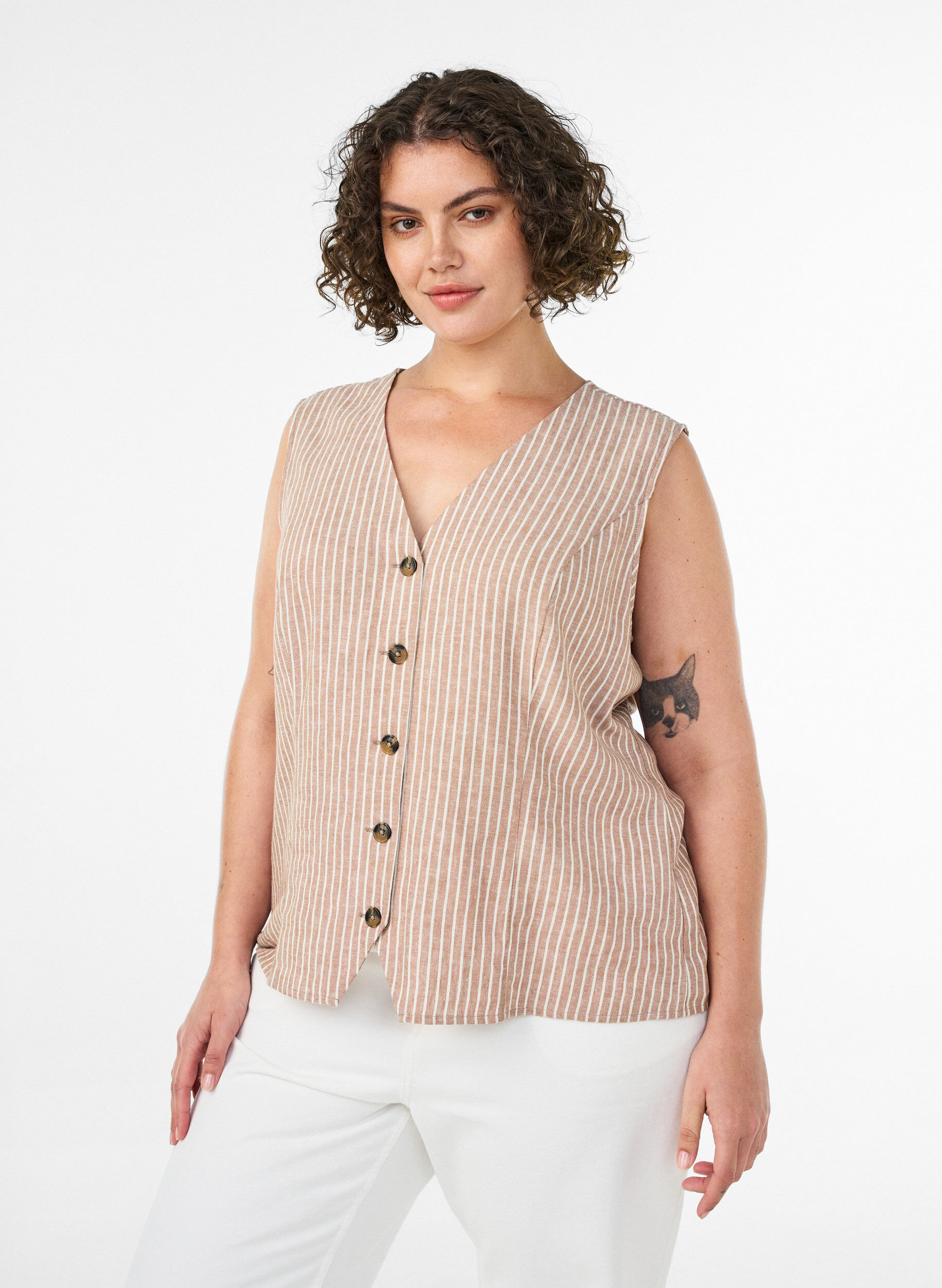 Raidallinen liivi pellavaa ja viskoosia, Beige, Model