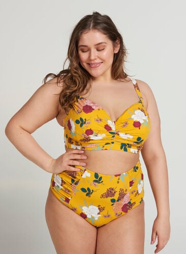 Korkeavyötäröinen bikinialaosa kukkakuosilla , Yellow Flower Print, Model image number 1