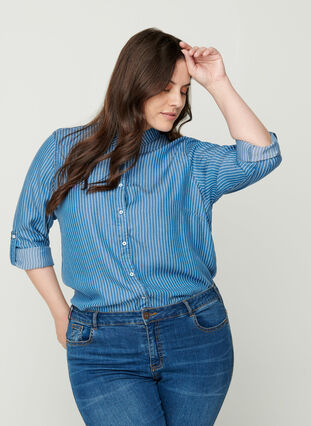 Raidallinen paita lyocellistä, Blue denim, Model image number 0