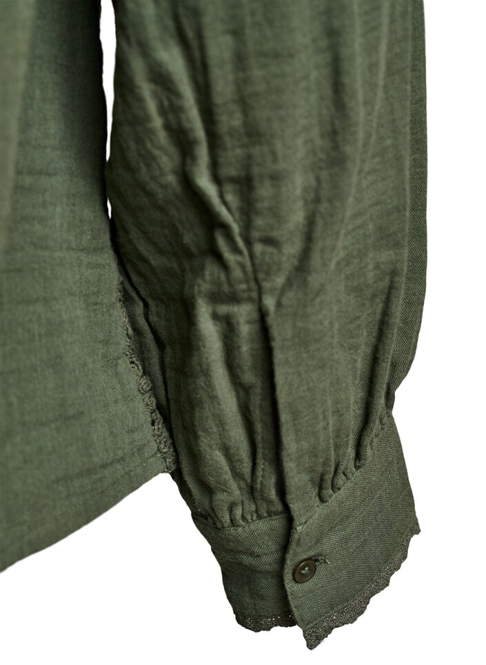 Puuvillamusliininen paitapusero virkkausyksityiskohdilla, Vihreä, Packshot image number 3