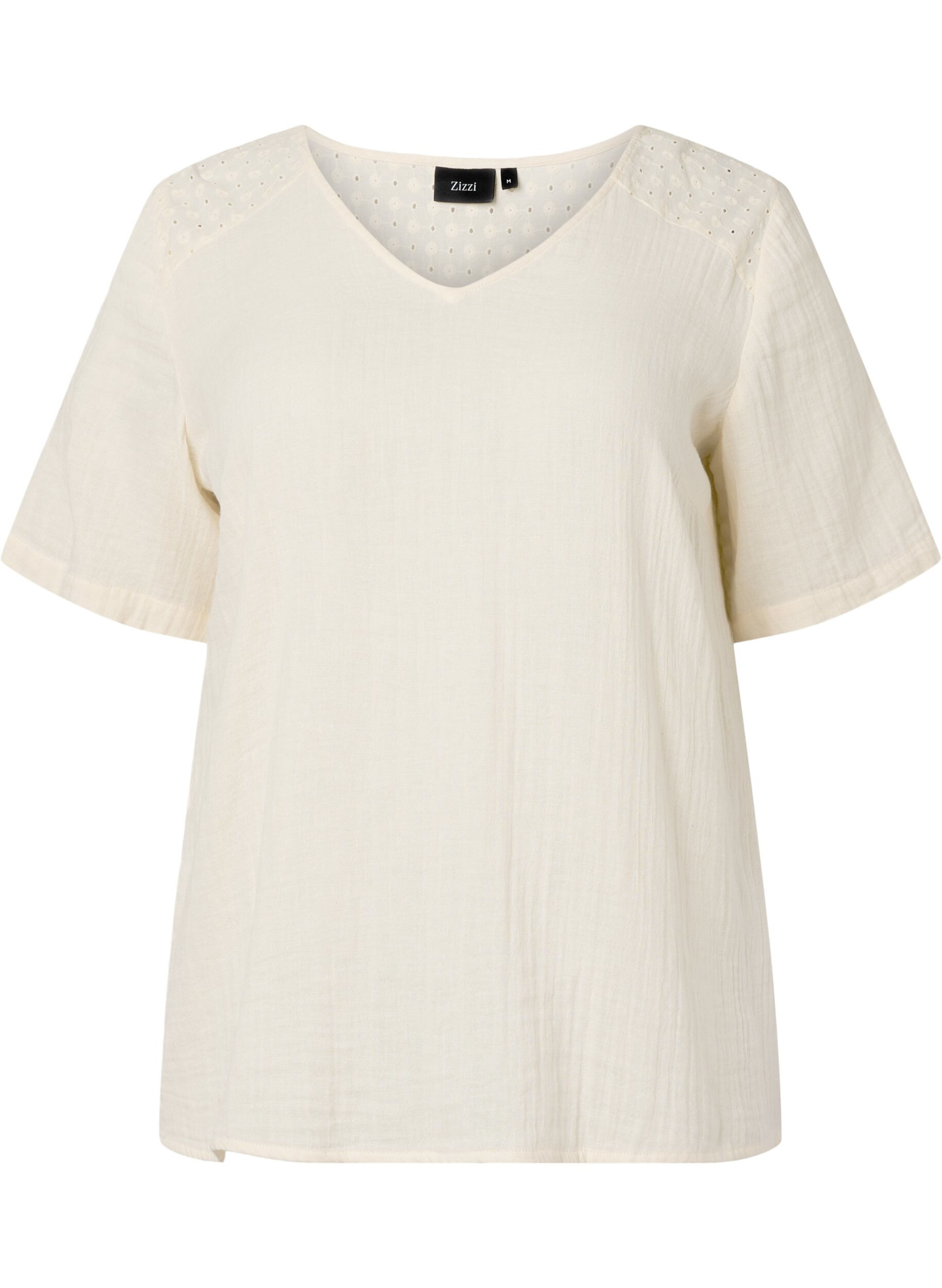 Zizzi Lyhythihainen puuvillapusero brodeerauksella, Buttercream, Packshot image number 0