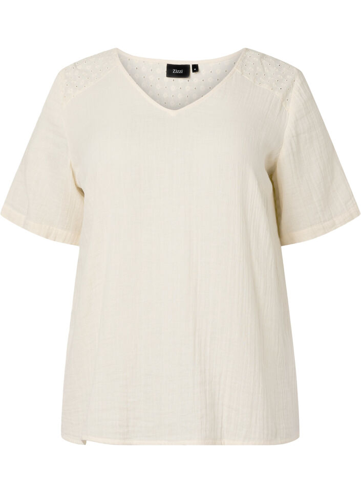 Lyhythihainen puuvillapusero brodeerauksella, Buttercream, Packshot image number 0