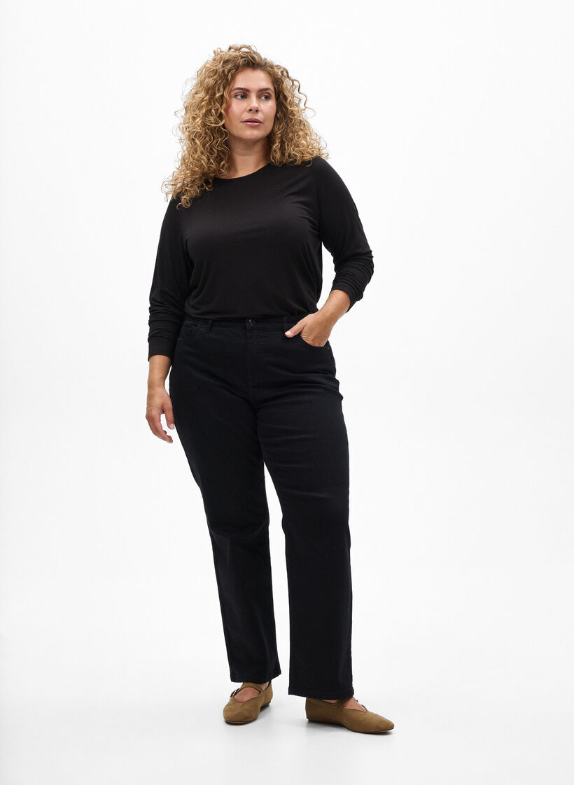Yksiv&auml;rinen pusero pitkill&auml; hihoilla, Musta, Model image number 1