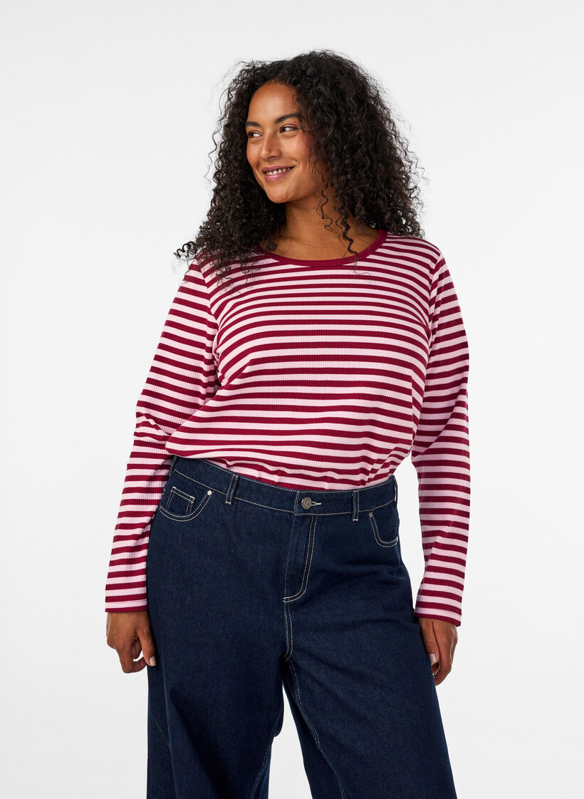 Raidallinen pusero pitkill&auml; hihoilla, Vaaleanpunainen, Model image number 0