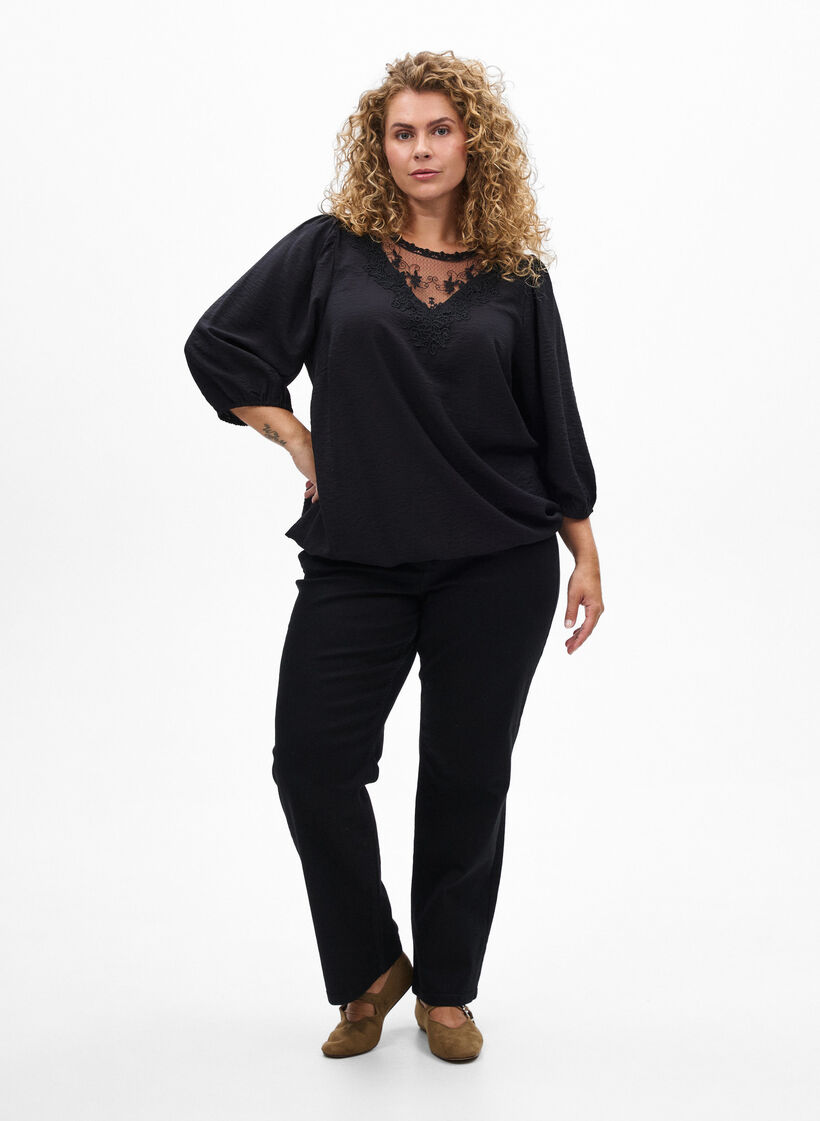 3/4-hihaiset pusero pitsiyksityiskohdilla, Musta, Model image number 1