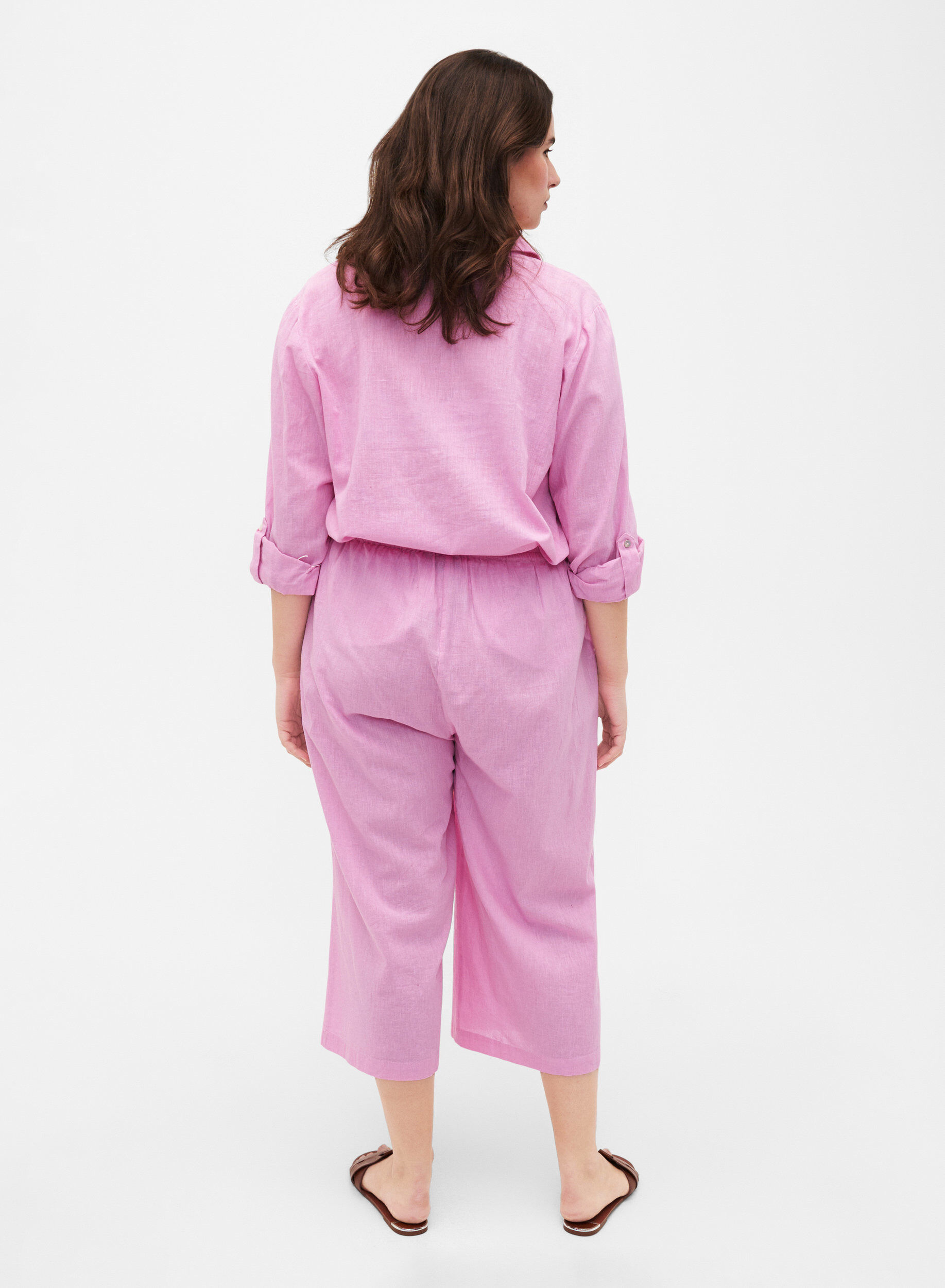 Zizzi 7/8-pituiset housut puuvillasekoitteesta pellavalla, Rosebloom, Model image number 1