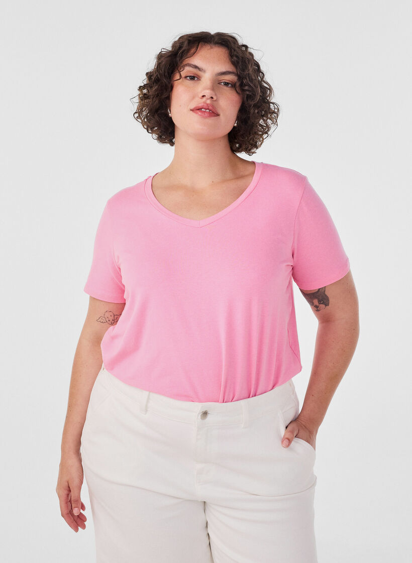 Yksiv&auml;rinen perus t-paita puuvillasta, Vaaleanpunainen, Model image number 0