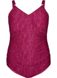 Uimapuku kietaisudetaljilla ja s&auml;vy s&auml;vyyn kukkatekstuurilla, Punainen