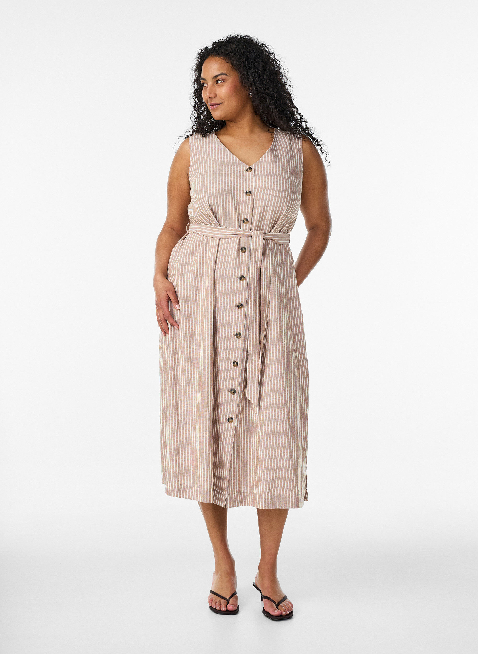 ZizziHihaton raidallinen midimekko pellavasta ja viskoosista, Beige, Model image number 0