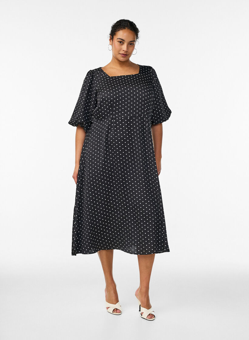 Midi-mekko pilkkukuosilla ja neli&ouml;p&auml;&auml;ntiell&auml;, Musta, Model image number 0