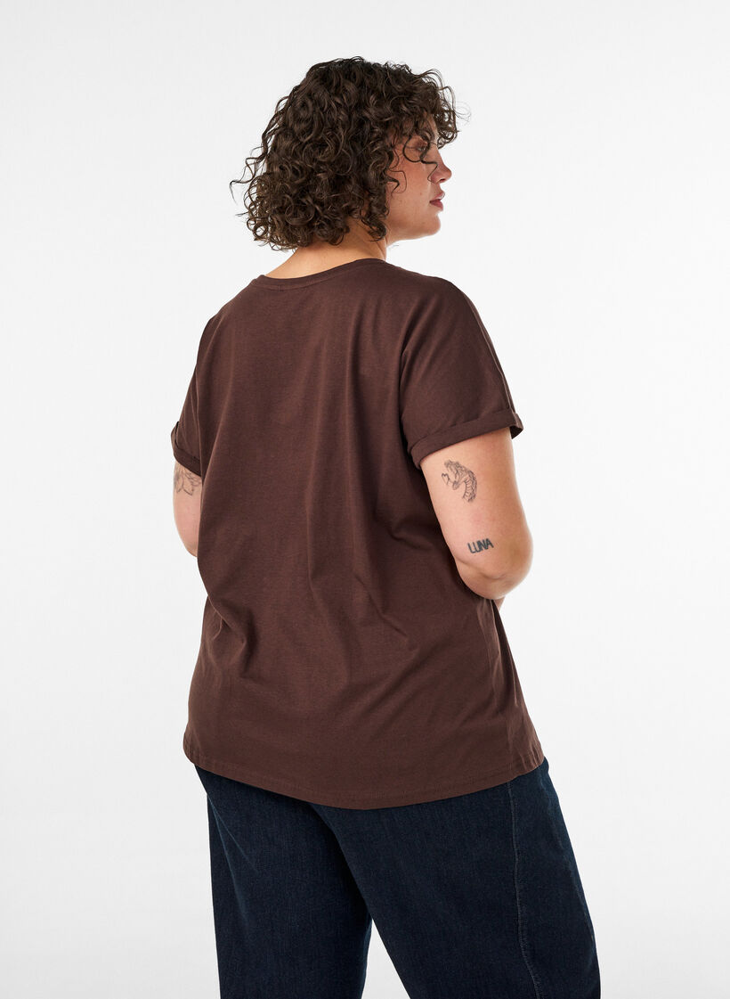 Puuvillainen T-paita kukkaprintill&auml;, Ruskea, Model image number 2