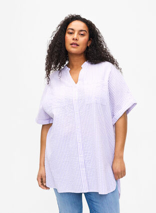 Raidallinen paita, jossa on rintataskut, White/LavenderStripe, Model image number 0