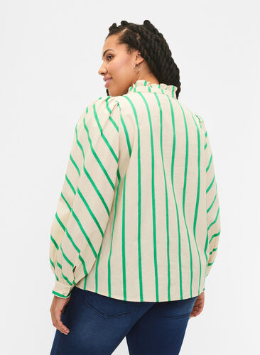 Puuvillainen paitapusero raidallisella kuosilla ja röyhelökauluksella, Beige Green Stripe, Model image number 1