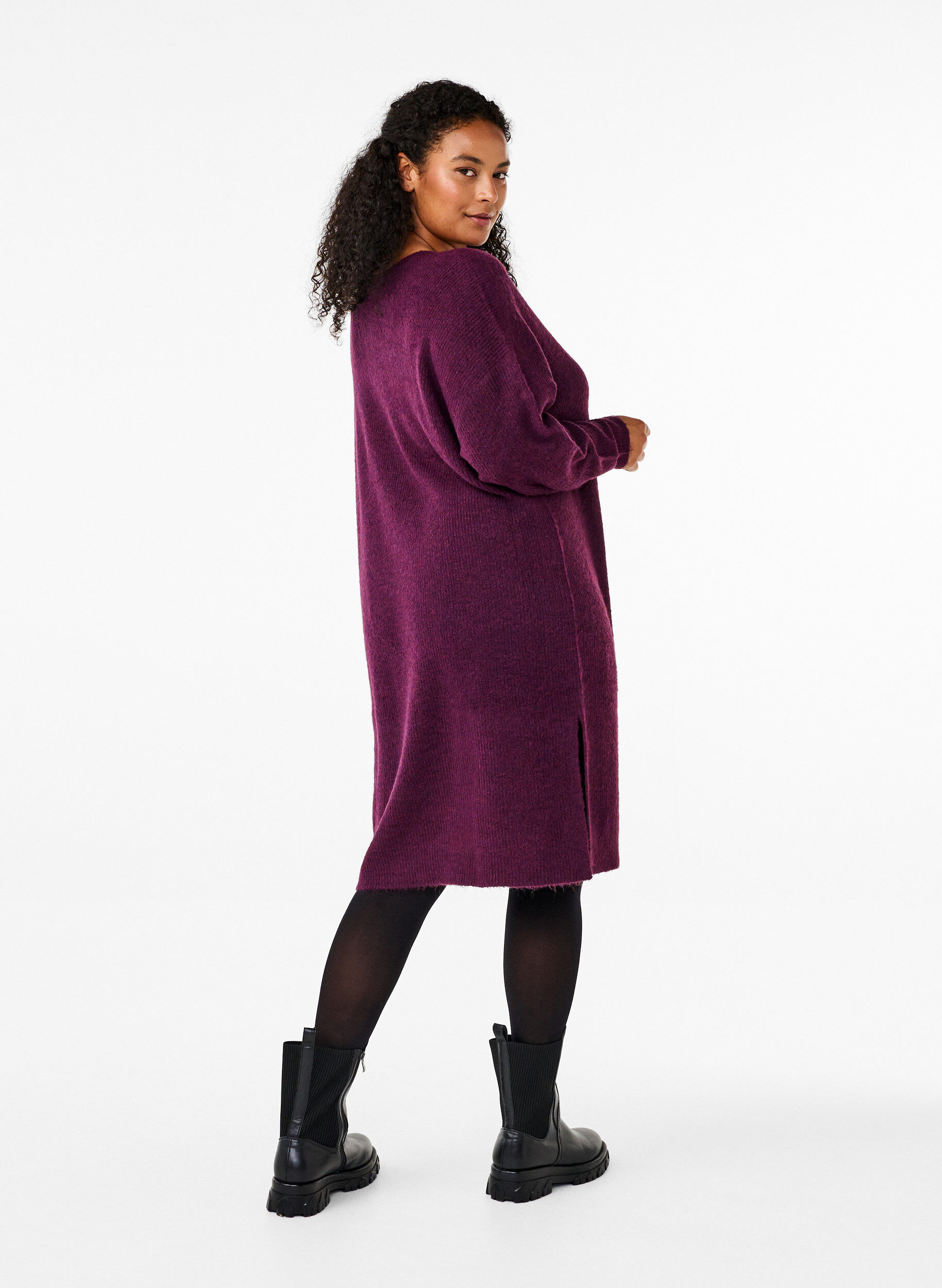 Zizzi Pitk&auml;hihainen ribbineulemekko, Potent Purple Mel., Model image number 1