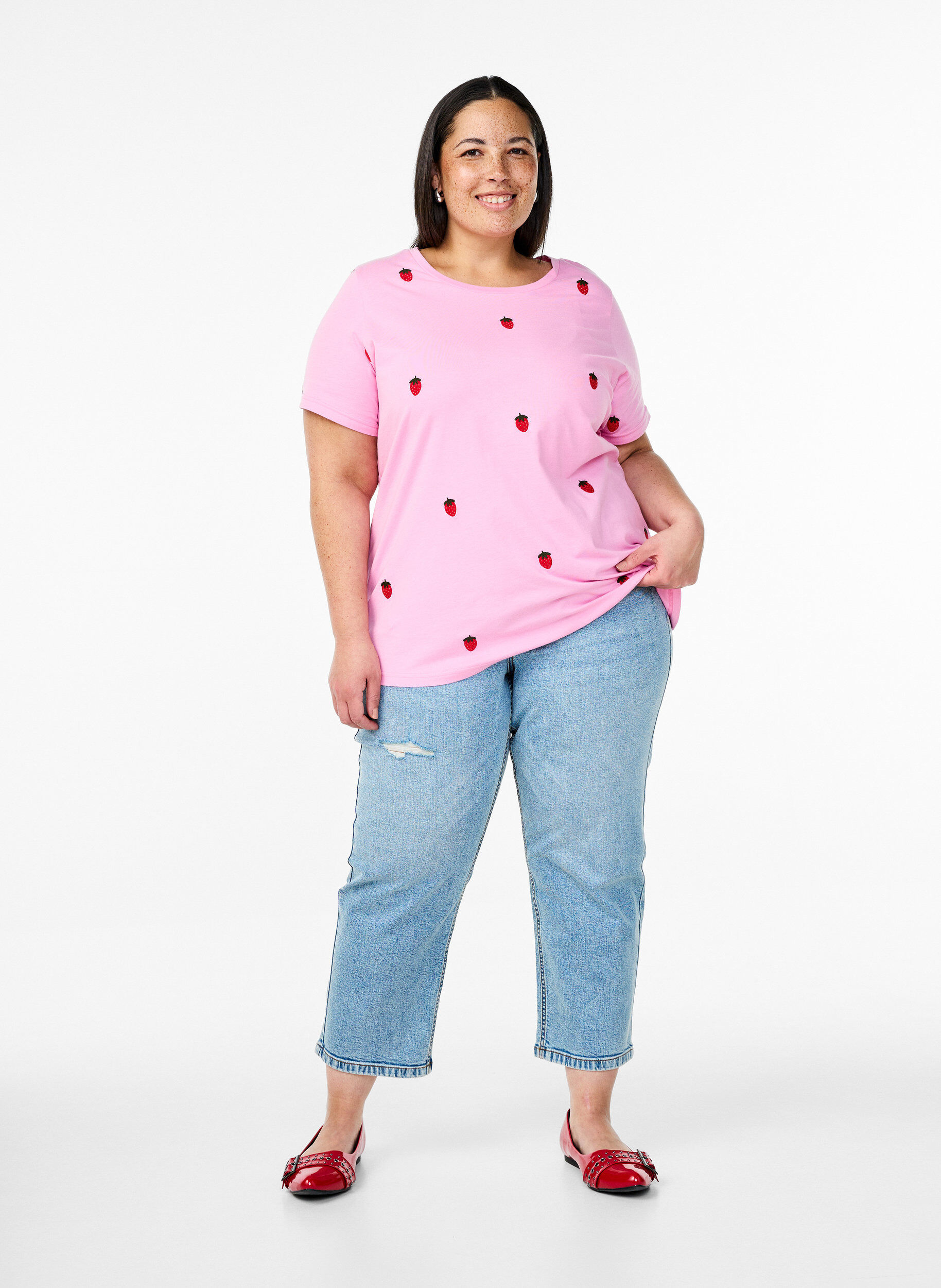 Zizzi Luomupuuvillainen T-paita kirjailuilla kuvioilla., Vaaleanpunainen, Model image number 1