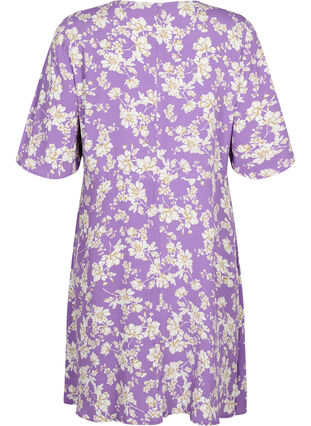 Viskoosimekko 1/2-hihoilla ja kukkakuosilla, Purple Flower AOP, Packshot image number 1