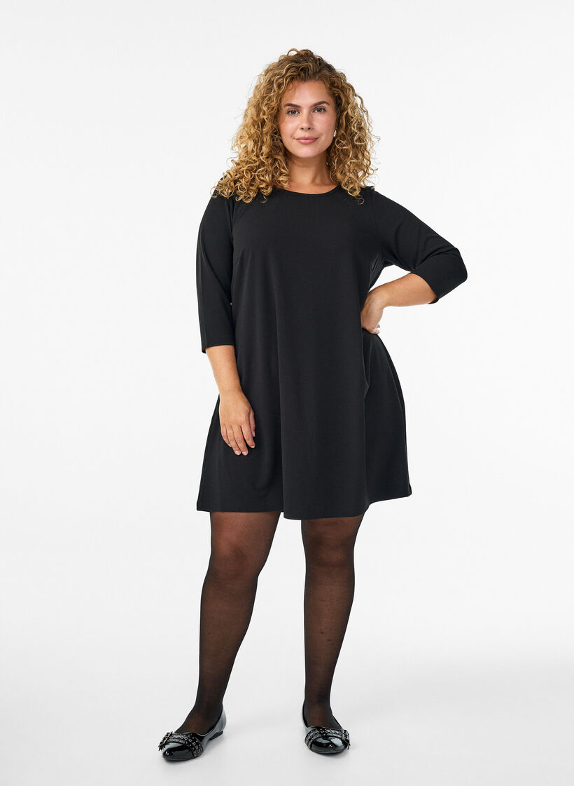 Lyhyt A-linjainen mekko 3/4-hihoilla, Musta, Model image number 1