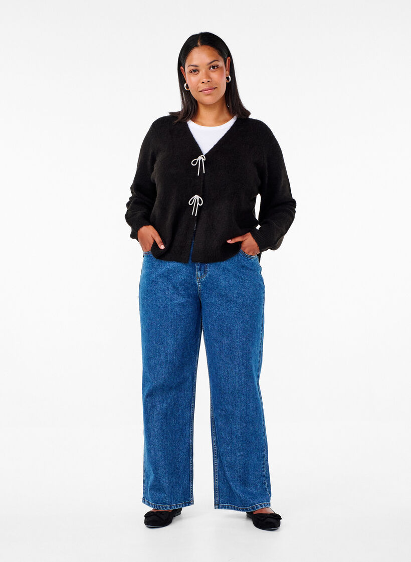 Neulottu neuletakki hopeisella rusetilla, Black, Model image number 3