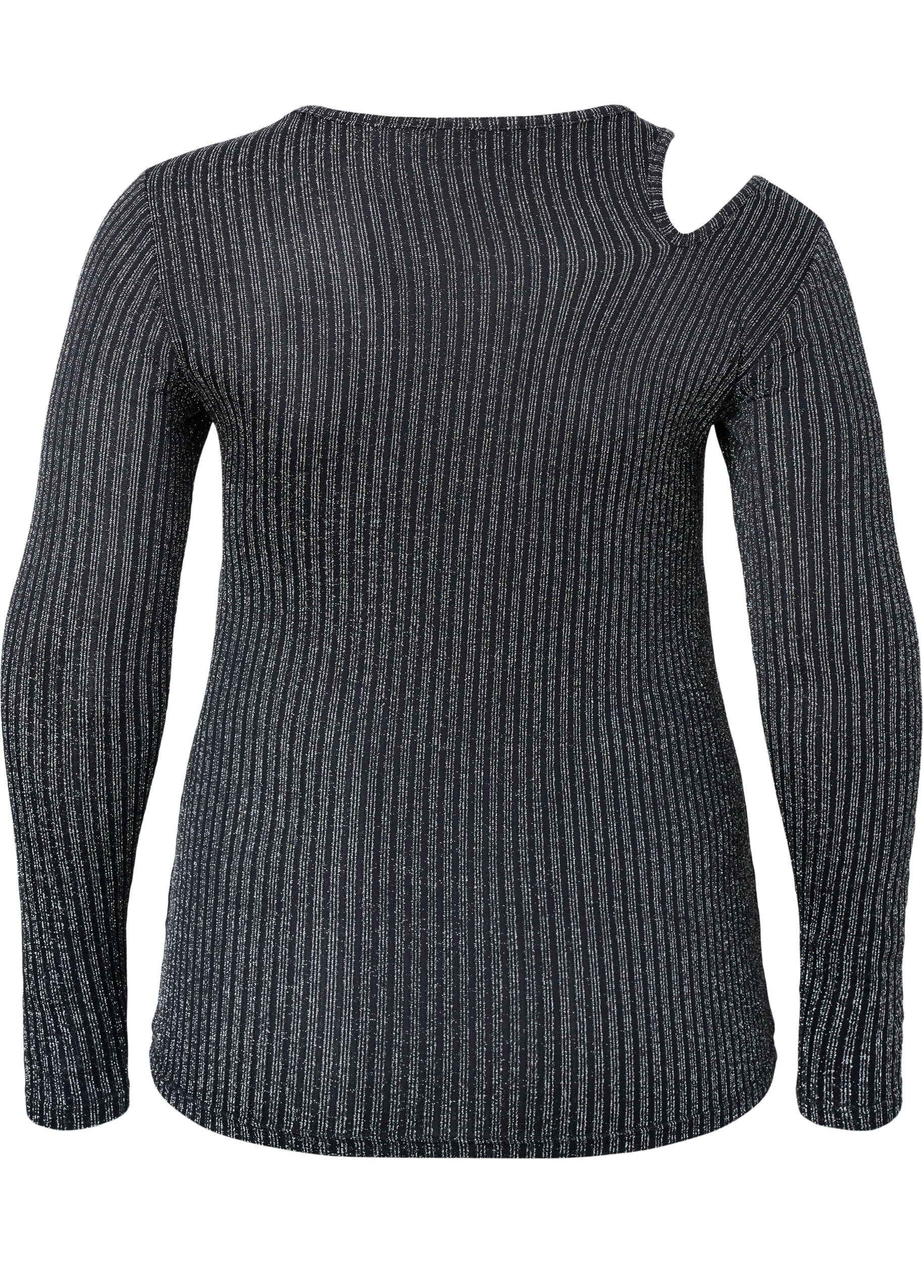 Zizzi Pitk&auml;hihainen cut out -pusero glitterill&auml;, B. w. Silver Stripes, Packshot image number 1