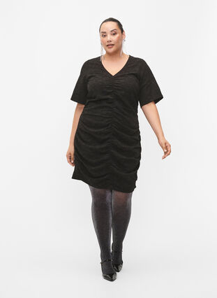 Lyhythihainen, teksturoidusta kankaasta valmistettu laskostettu mekko, Black, Model image number 3