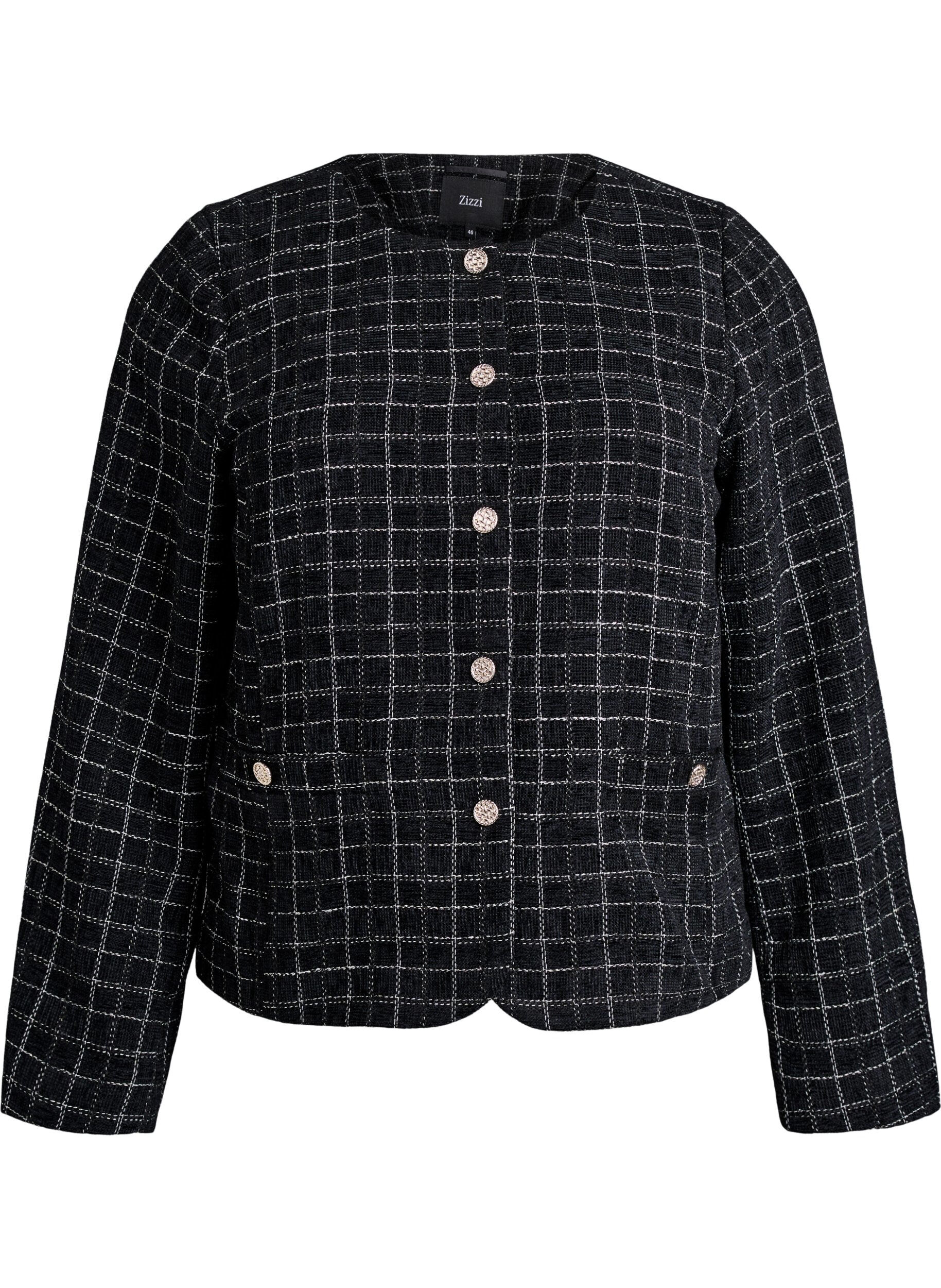 Lyhyt ruudullinen boucl&eacute;-bleiseri py&ouml;re&auml;ll&auml; kauluksella