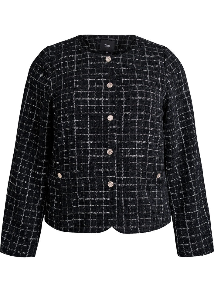 Lyhyt ruudullinen bouclé-bleiseri pyöreällä kauluksella, Musta, Packshot image number 0