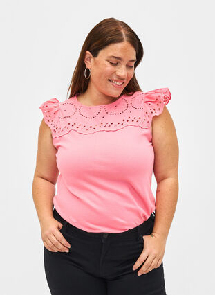 Luomupuuvillasta valmistettu T-paita englantilaisella kirjonnalla, Strawberry Pink , Model image number 0