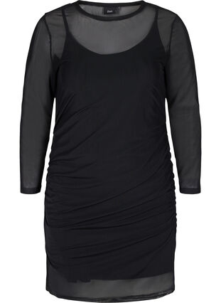 Tyköistuva mekko mesh-kankaasta 3/4-hihoilla, Black, Packshot image number 0