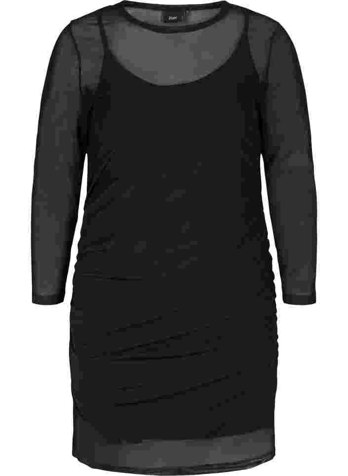 Tyköistuva mekko mesh-kankaasta 3/4-hihoilla, Black