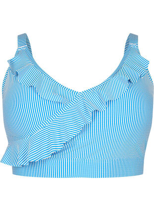 Raidallinen bikinin toppi röyhelöllä, BlueWhite Stripe AOP, Packshot image number 0