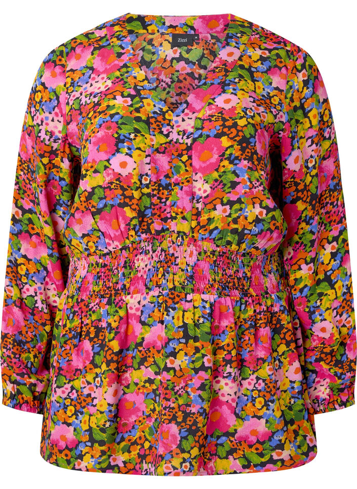 Viskoosipusero kukkakuosilla ja smokkirypytyksellä, Neon Flower Print, Packshot image number 0