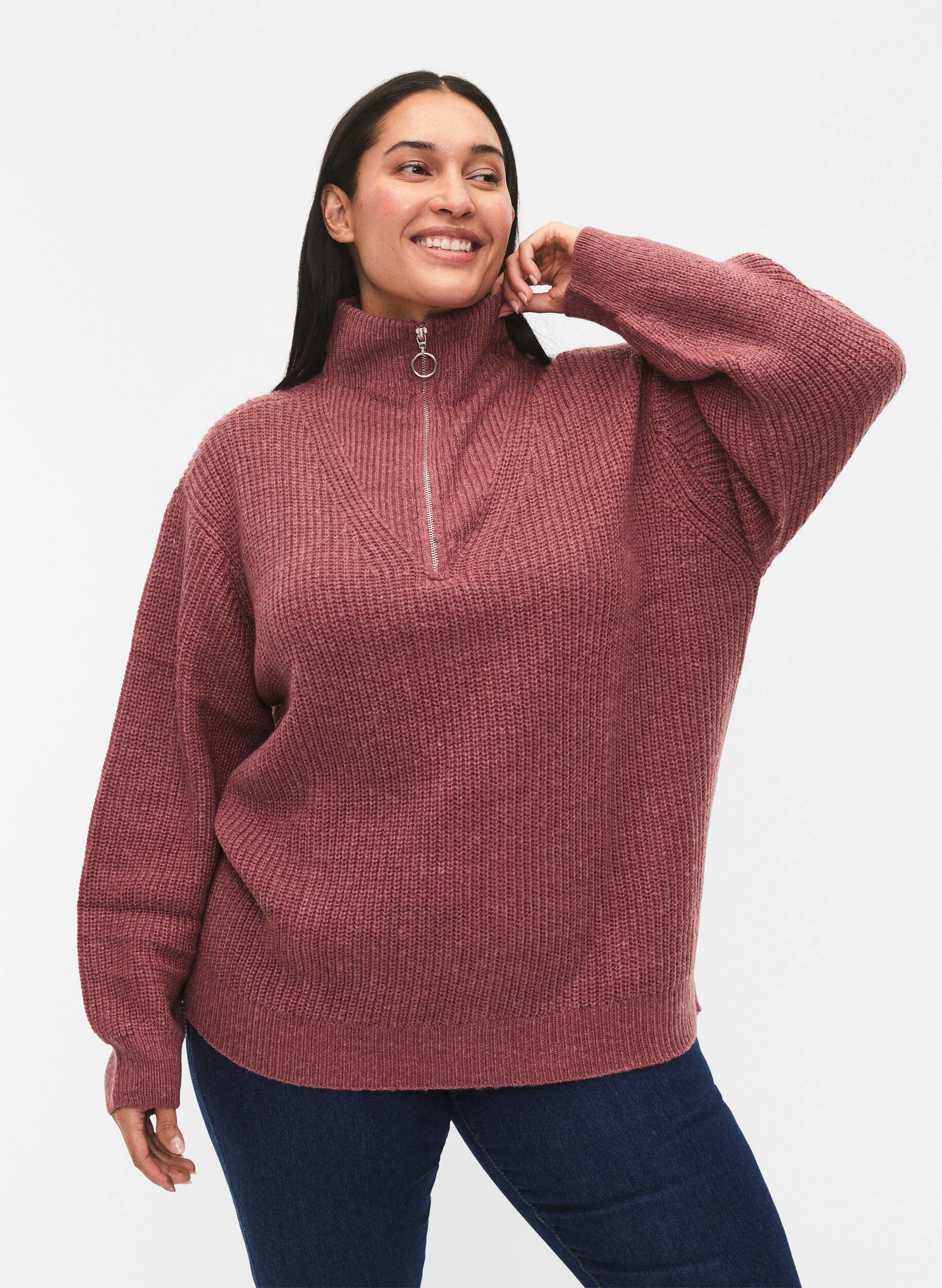 ZizziNeulepusero, jossa korkea kaulus ja vetoketju, Punainen, Model image number 0